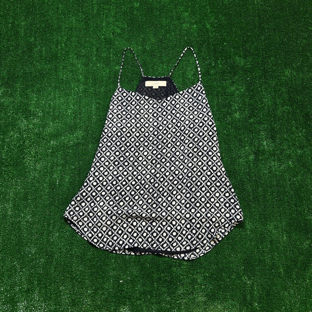 LOFT Cami Geometric Ikat Print Spaghetti Strap Blouse Navy White Small